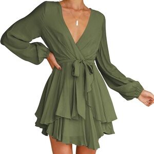 Cosonsen V-Neck Long Sleeve Ruffle Mini Swing Skater Dress Women size XL